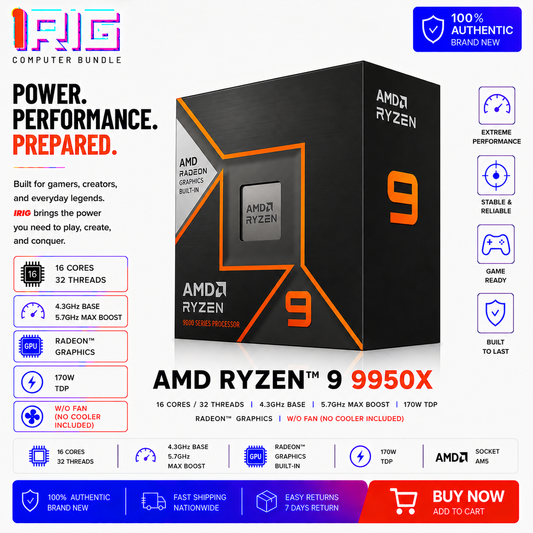 AMD RYZEN 9 9950X 16 CORES/32 THREADS 4.3GHZ/5.7GHZ 170W RADEON GRAPHICS W/O FAN (100-100001083WOF)