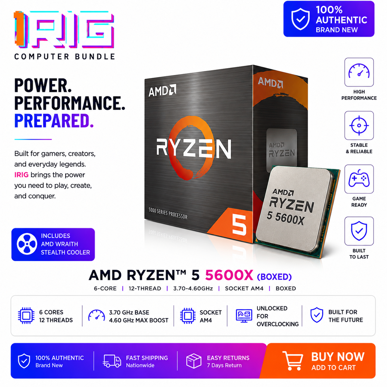 AMD Ryzen 5 5600X 6-Core 12-Thread 3.70-4.60GHz Processor (Boxed) (100-100000065BOX)