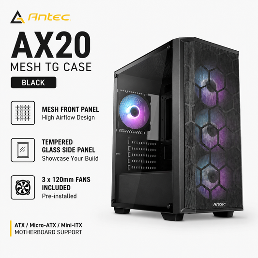 ANTEC AX20 Mesh TG Case 3fans included - Black (ANT-AX20-BK)