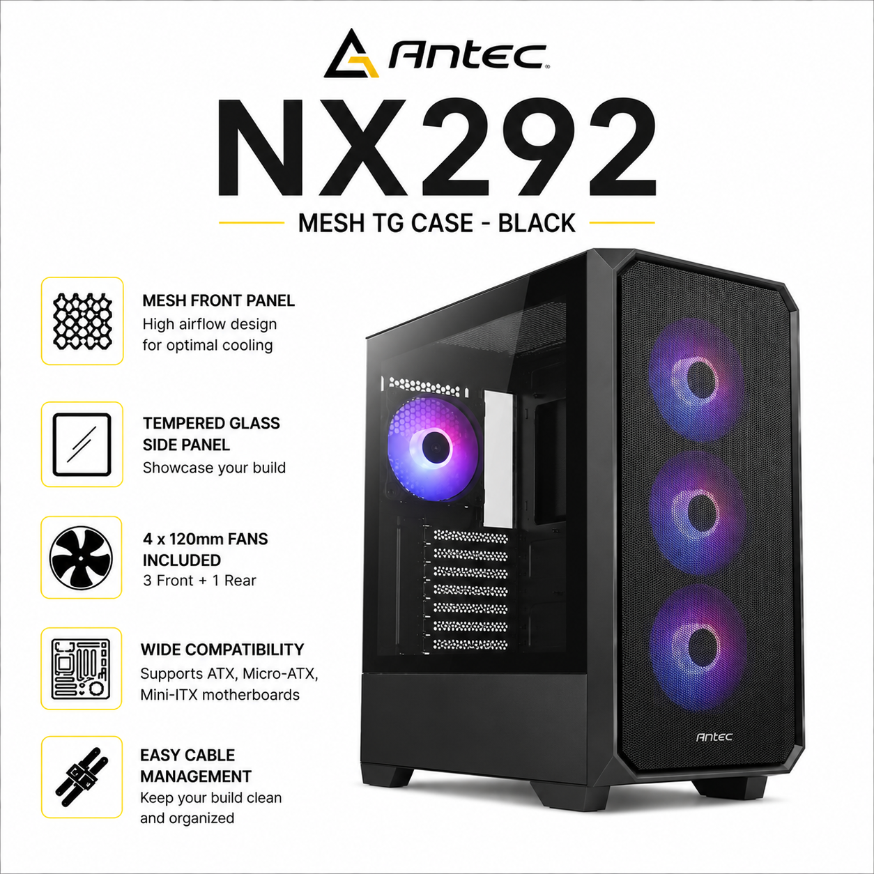 ANTEC NX292 Mesh TG Case - Black (ANT-NX292-BK)