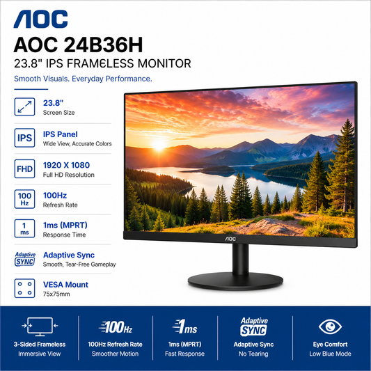 AOC 24B36H 23.8" IPS 100Hz 1ms Adaptive Sync Frameless VESA Monitor (1920X1080) (24B36H)