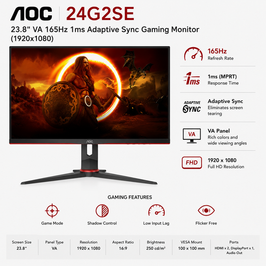 AOC 24G2SE 23.8" VA 165Hz 1ms Adaptive Sync Gaming Monitor (1920x1080) (24G2SE)