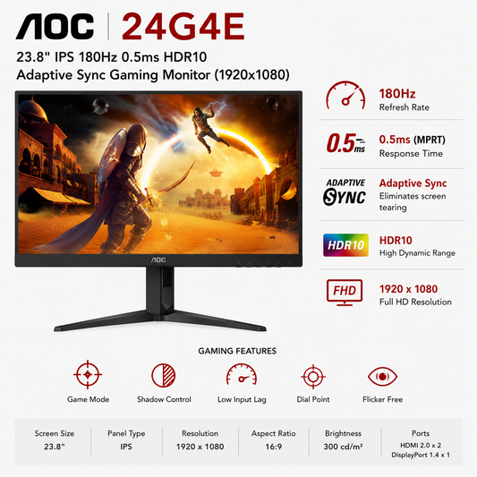 AOC 24G4E 23.8" IPS 180Hz 0.5ms HDR10 Adaptive Sync Gaming Monitor (1920X1080) (24G4E)