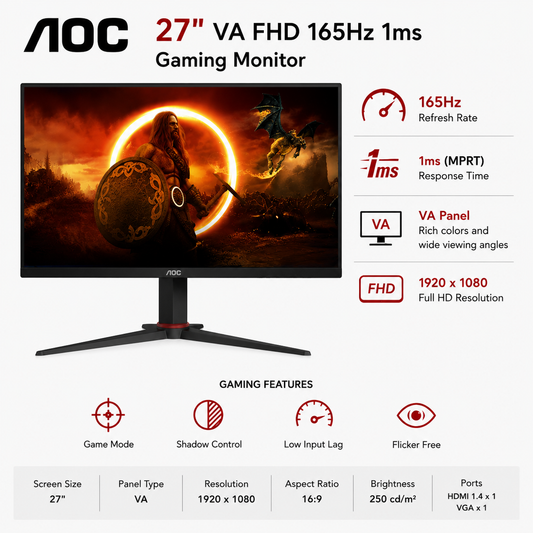 AOC 27" VA FHD 165Hz 1ms Gaming Monitor (27G2SE)