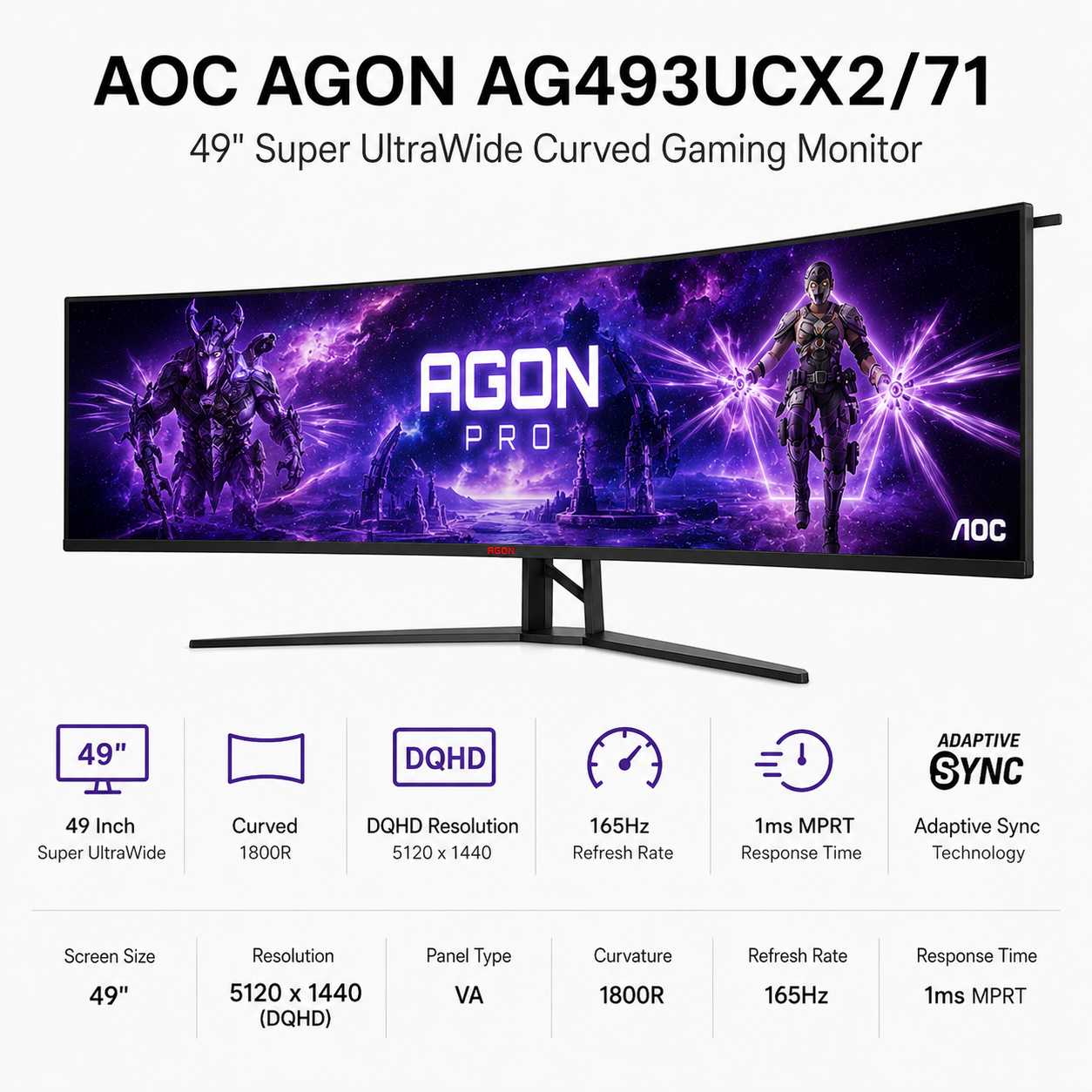 AOC AGON AG493UCX2/71 49" QHD 165Hz 1ms Adaptive Sync (5120x1440) (AG493UCX2)