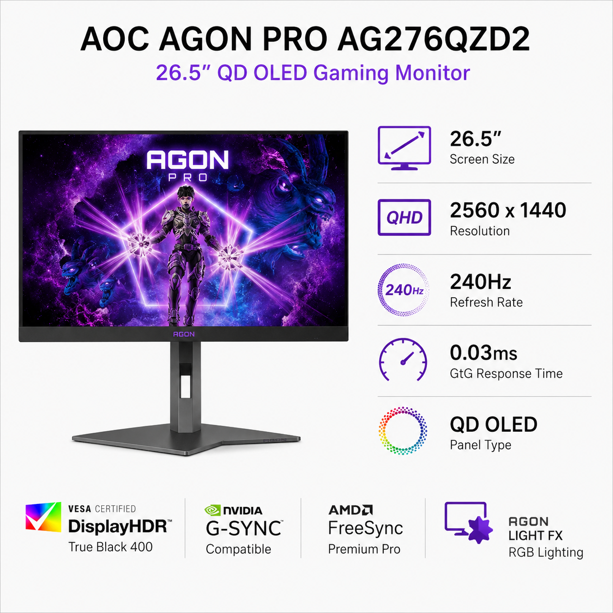 AOC Agon Pro AG276QZD2 26.5" QD OLED QHD 240Hz 0.03ms (2560x1440) (AG276QZD2)