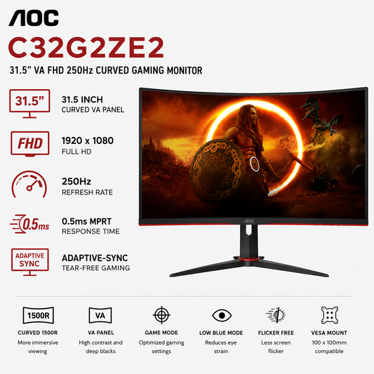 AOC C32G2ZE2 31.5" VA FHD 250Hz 0.5ms Adaptive-Sync Curved (1920x1080) (C32G2ZE2)