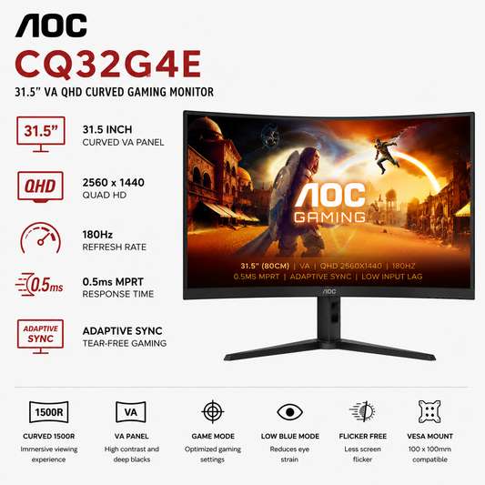 AOC CQ32G4E 31.5" VA QHD 180Hz 0.5ms Curved Gaming Monitor (2560x1440) (CQ32G4E)