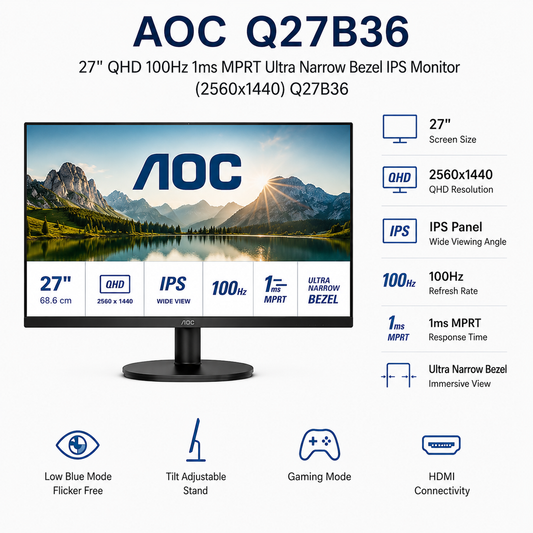 AOC Q27B36 27" QHD 100Hz 1ms MPRT Ultra Narrow Bezel IPS Monitor (2560x1440) (Q27B36)