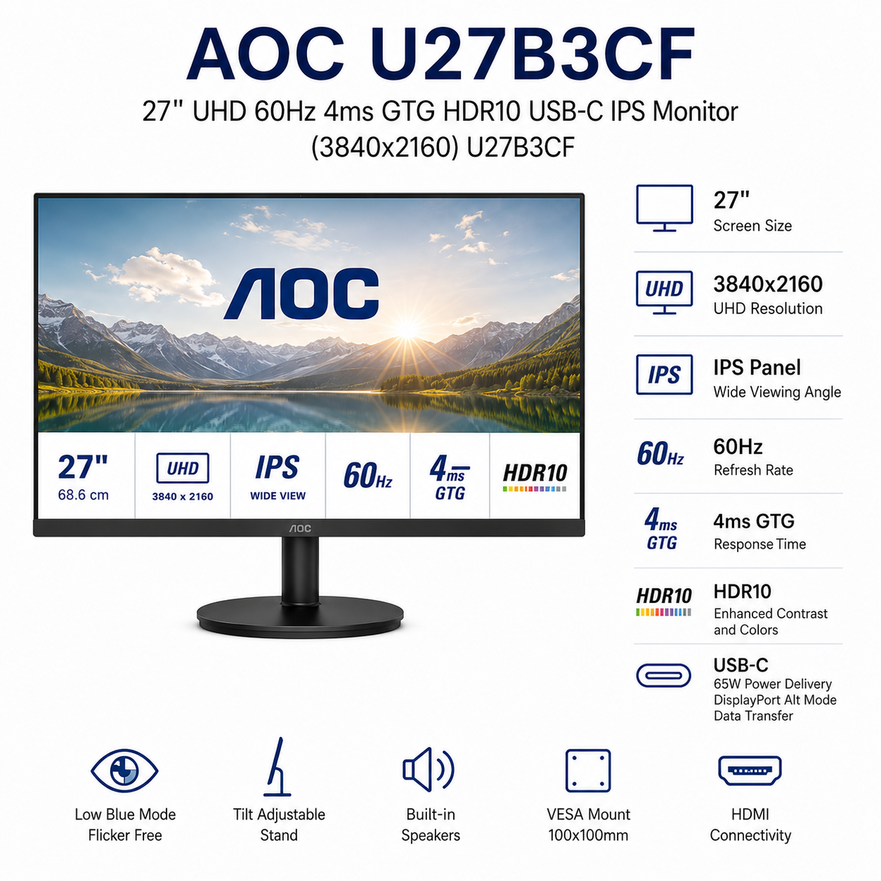 AOC U27B3CF 27" UHD 60Hz 4ms GTG HDR10 USB-C IPS Monitor (3840x2160) (U27B3CF)