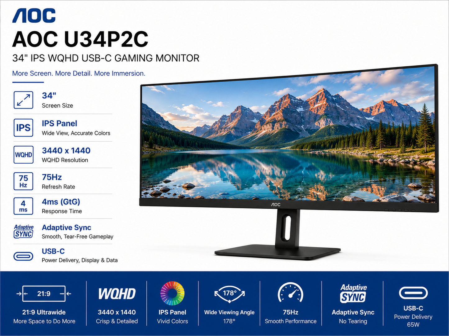 AOC U34P2C 34" IPS WQHD 75Hz 4ms USBC Adaptive Sync Gaming Monitor (3440×1440) (U34P2C)