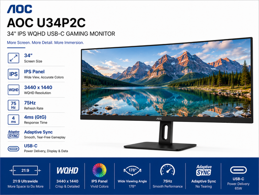 AOC U34P2C 34" IPS WQHD 75Hz 4ms USBC Adaptive Sync Gaming Monitor (3440×1440) (U34P2C)