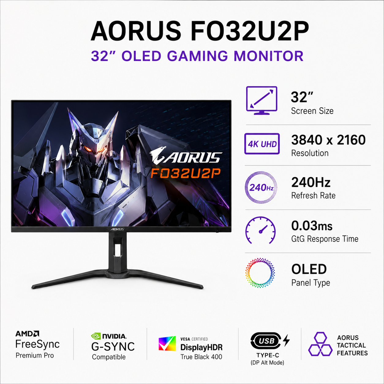 AORUS FO32U2P 32" OLED GAMING MONITOR (GP-AORUS-FO32U2P-AP)