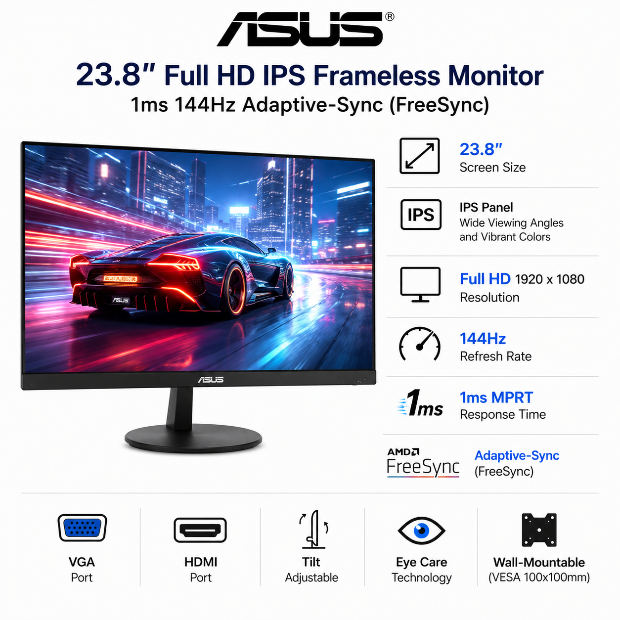 ASUS 23.8" Full HD IPS Frameless 1ms 144Hz Adaptive-Sync (FreeSync) (VP249QGR)