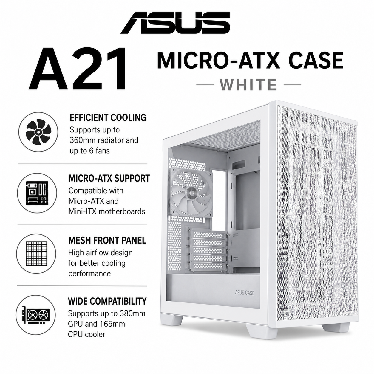 ASUS A21 MICRO-ATX CASE - WHITE (A21 White)
