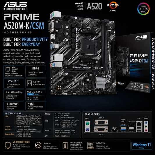 ASUS PRIME A520M-K/CSM Motherboard (PRIME-A520M-K-CSM)