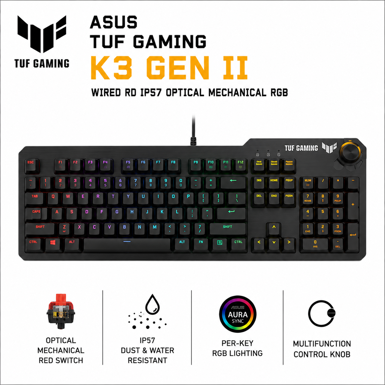 ASUS TUF GAMING K3 GEN II WIRED RD IP57 OPTICAL MECHANICAL RGB (RA07-TUF-K3-GENII-RD)