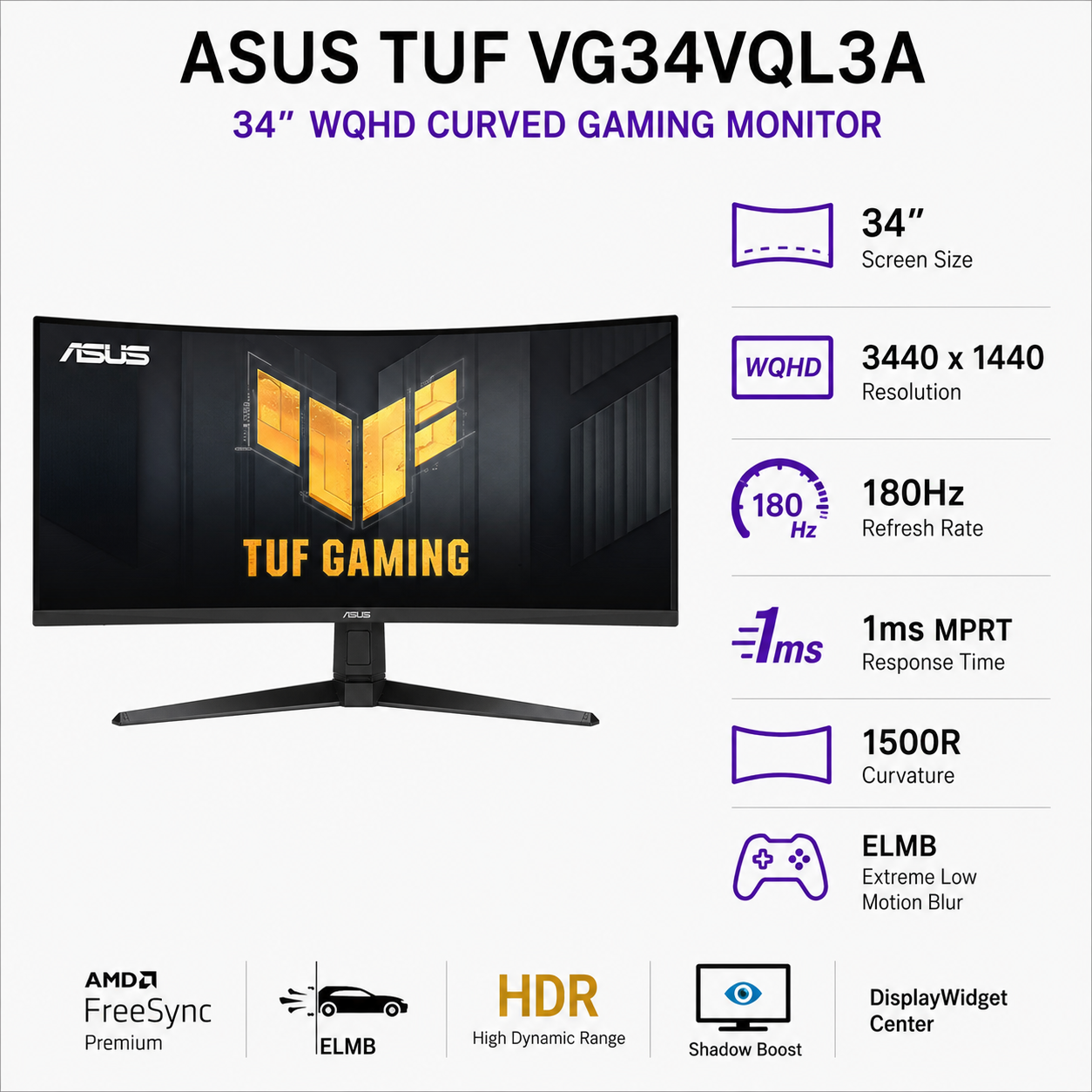 ASUS TUF VG34VQL3A (Curved ,180Hz ) (VG34VQL3A)