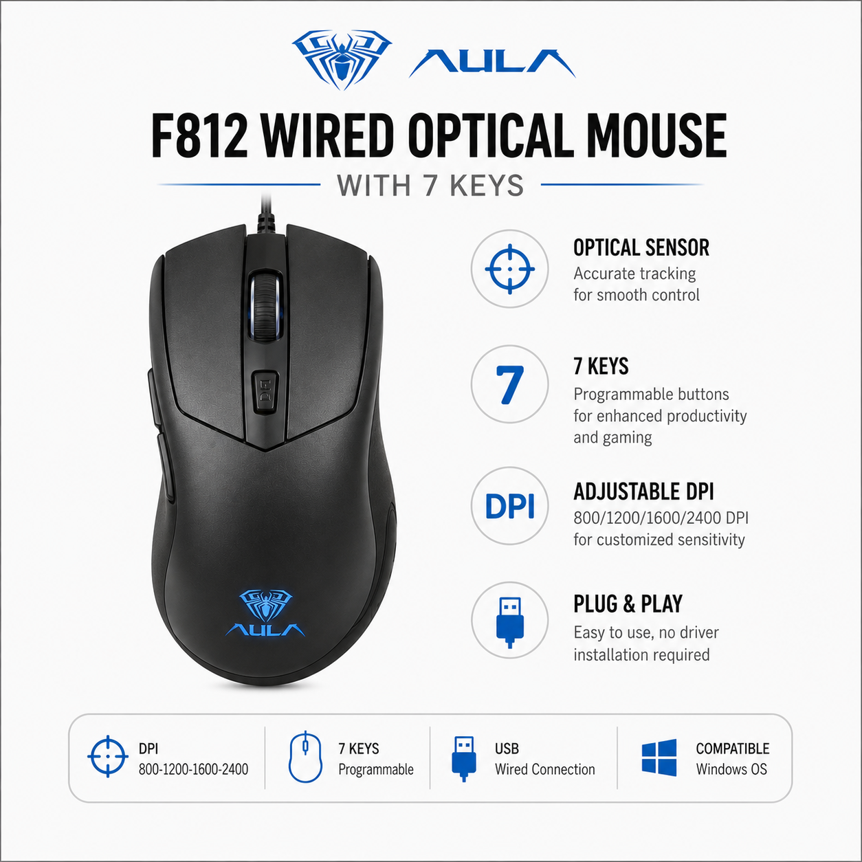 AULA F812 Wired Optical Mouse w/7 keys (F812)