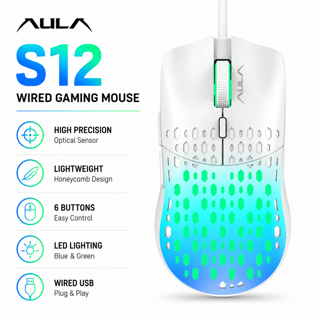 AULA S11 Pro Wired Gaming Mouse w/6 keys Blue+Green (S11-PRO-BLGR)