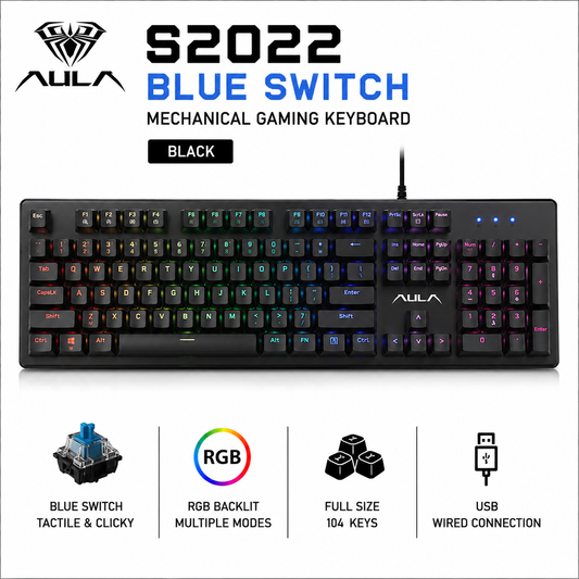 AULA S2022 Blue Switch Mechanical Gaming Keyboard - Black (S2022-BLK)
