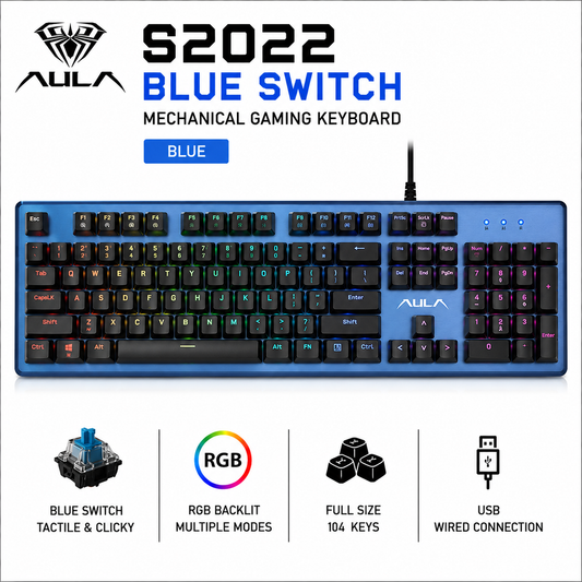 AULA S2022 Blue Switch Mechanical Gaming Keyboard - Blue (S2022-BLU)
