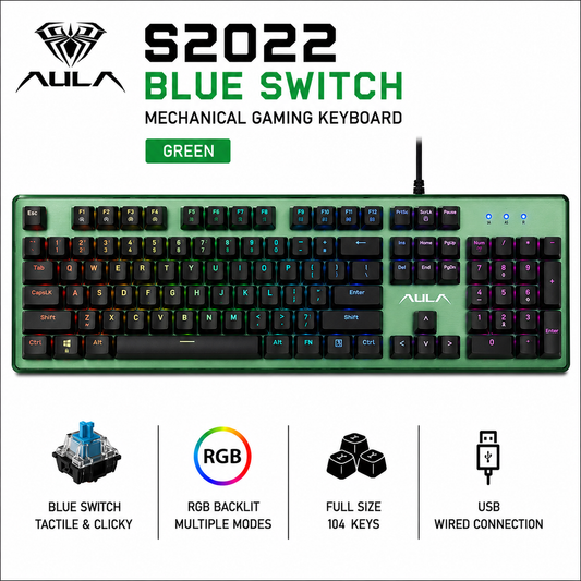 AULA S2022 Blue Switch Mechanical Gaming Keyboard - Green (S2022-GRE)