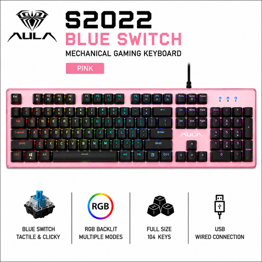 AULA S2022 Blue Switch Mechanical Gaming Keyboard - Pink (S2022-PNK)