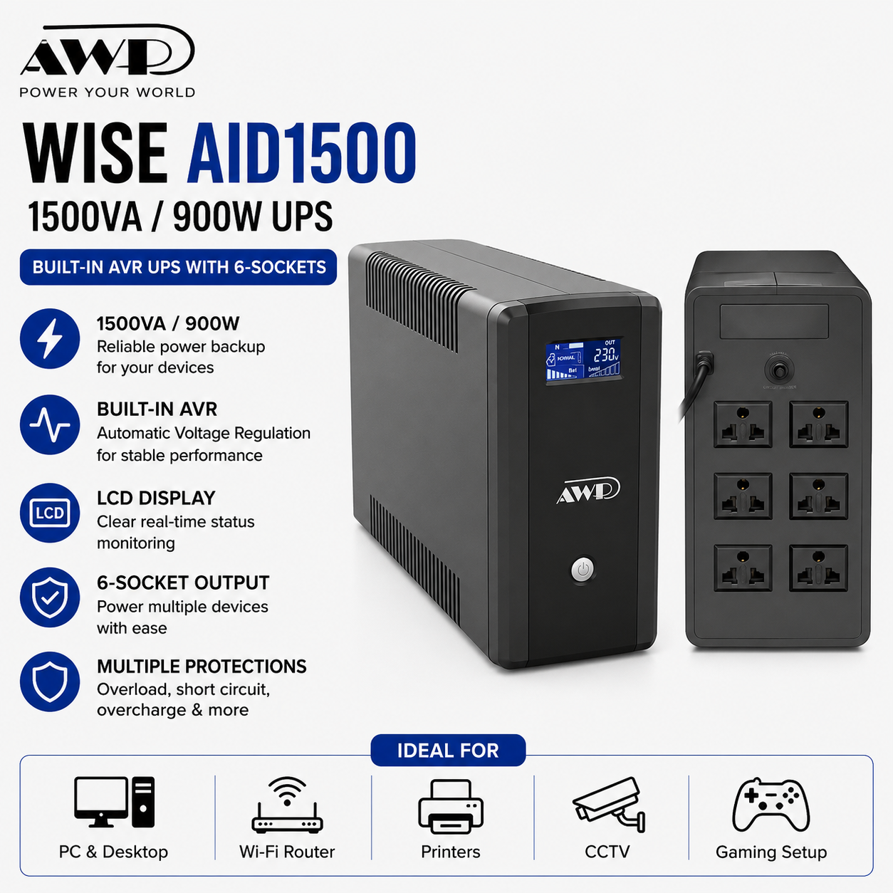 AWP Wise AID1500 1500va 900w Built-in AVR UPS 6-Sockets (AID1500)
