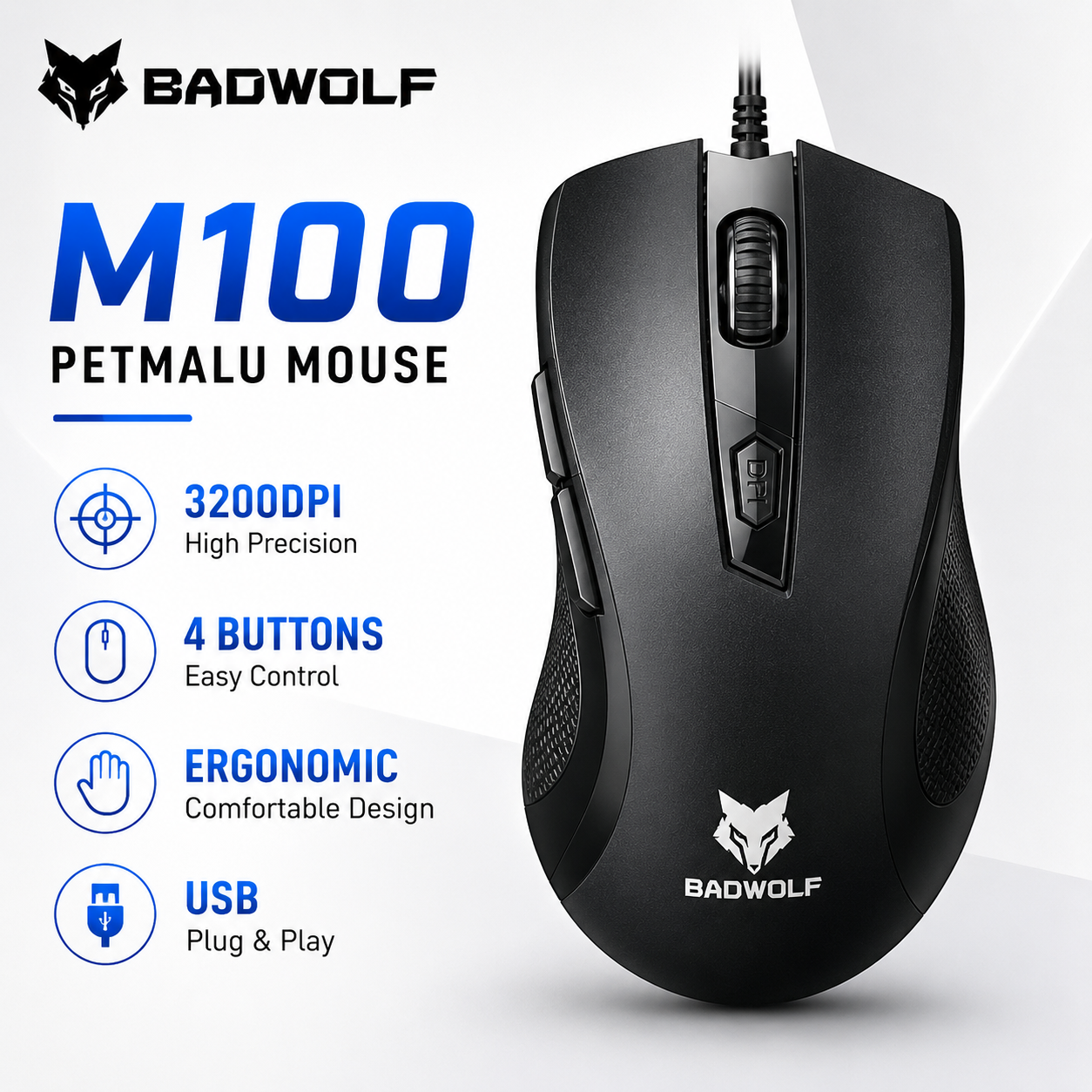 Badwolf M100 PETMALU Mouse 3200DPI / 4 buttons / Ergonomic Design (M100)