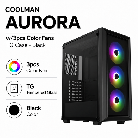 COOLMAN AURORA w/3pcs Color Fans TG Case - Black (CM-AURORA-BK)