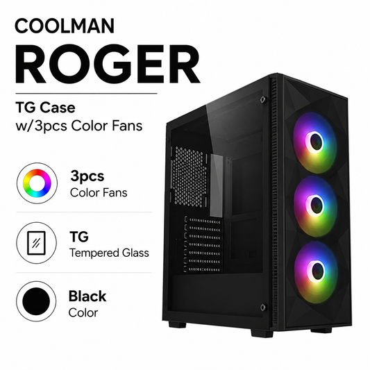 COOLMAN ROGER TG Case w/3pcs Color Fans - Black (CM-ROGER-BK)