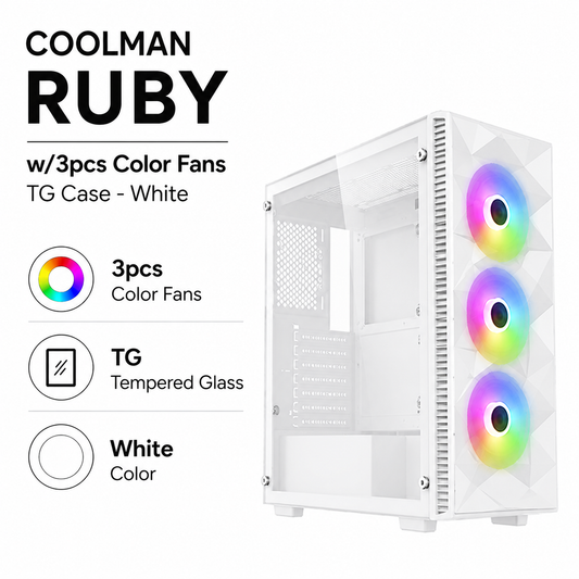COOLMAN RUBY w/3pcs Color Fans TG Case - White (CM-RUBY-WH)
