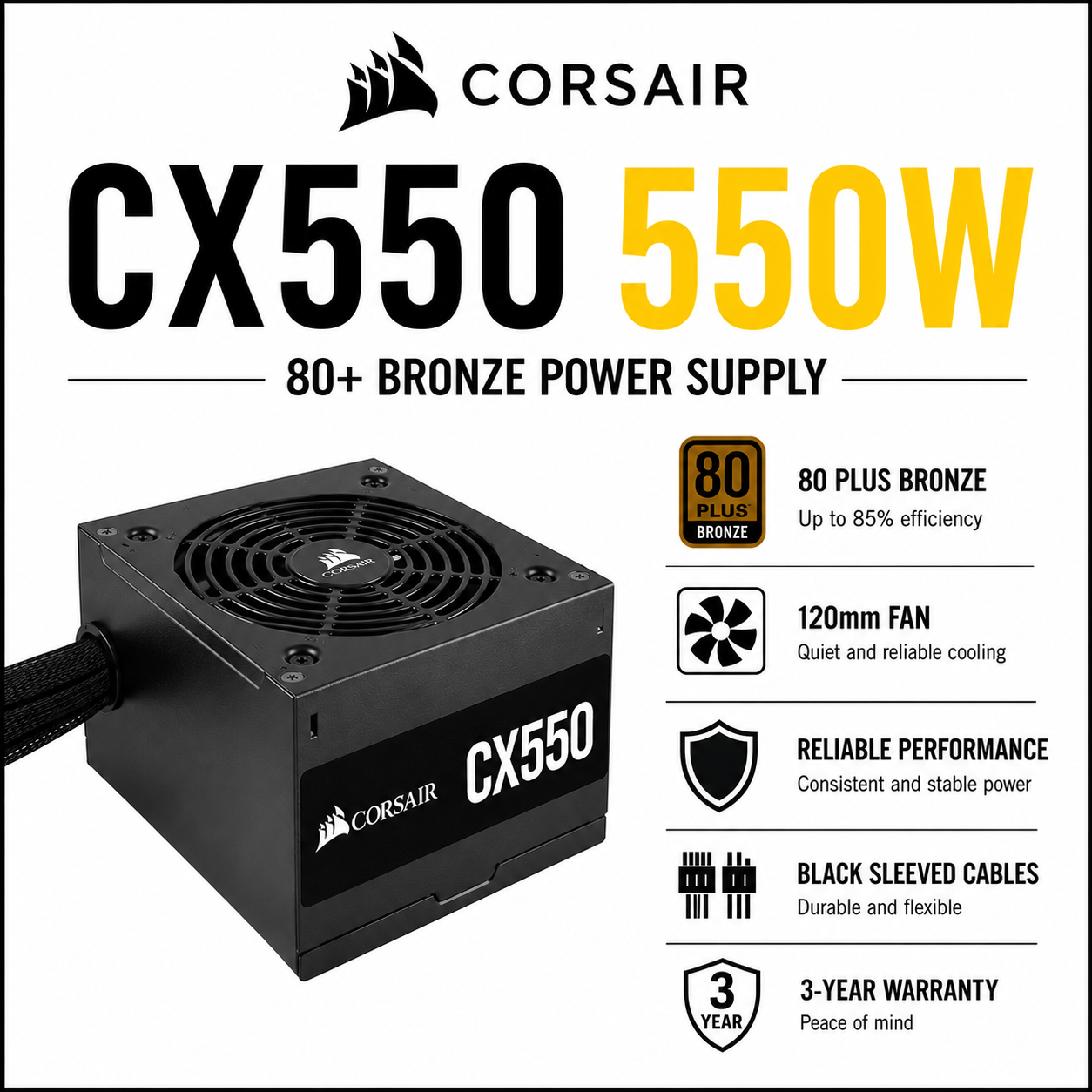 CORSAIR CX550 550W 80+ Bronze Power Supply (CP-9020278-NA)