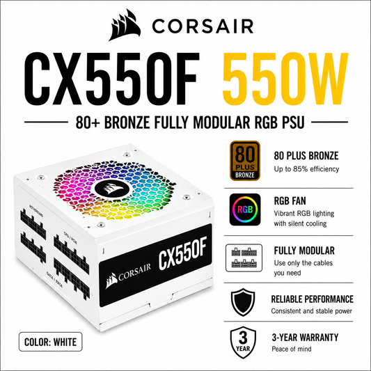 CORSAIR CX550F 550W 80+ Bronze Fully Modular RGB PSU - WHITE v3 (CP-9020254-NA)