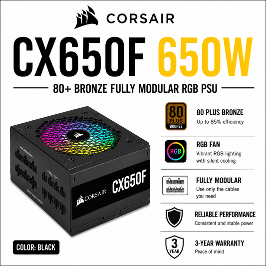 CORSAIR CX650F 650W 80+ Bronze Fully Modular RGB PSU - BLACK (CP-9020217-NA)