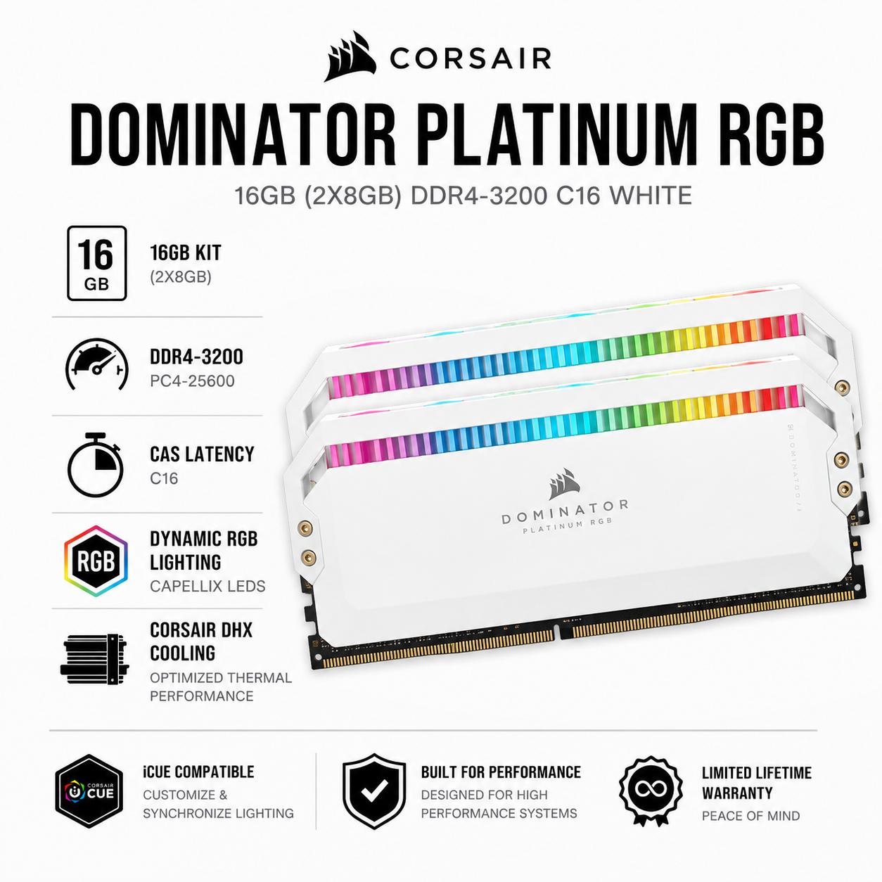 CORSAIR DOMINATOR PLATINUM RGB 16GB (2X8GB) DDR4-3200 C16 WHITE (CMT64GX5M2B6600C32)