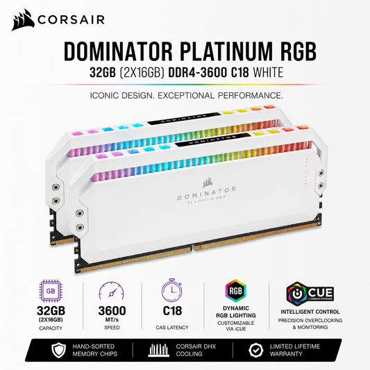 CORSAIR DOMINATOR PLATINUM RGB 32GB (2X16GB) DDR4-3600 C18 WHITE (CMT32GX4M2E3200C16W)