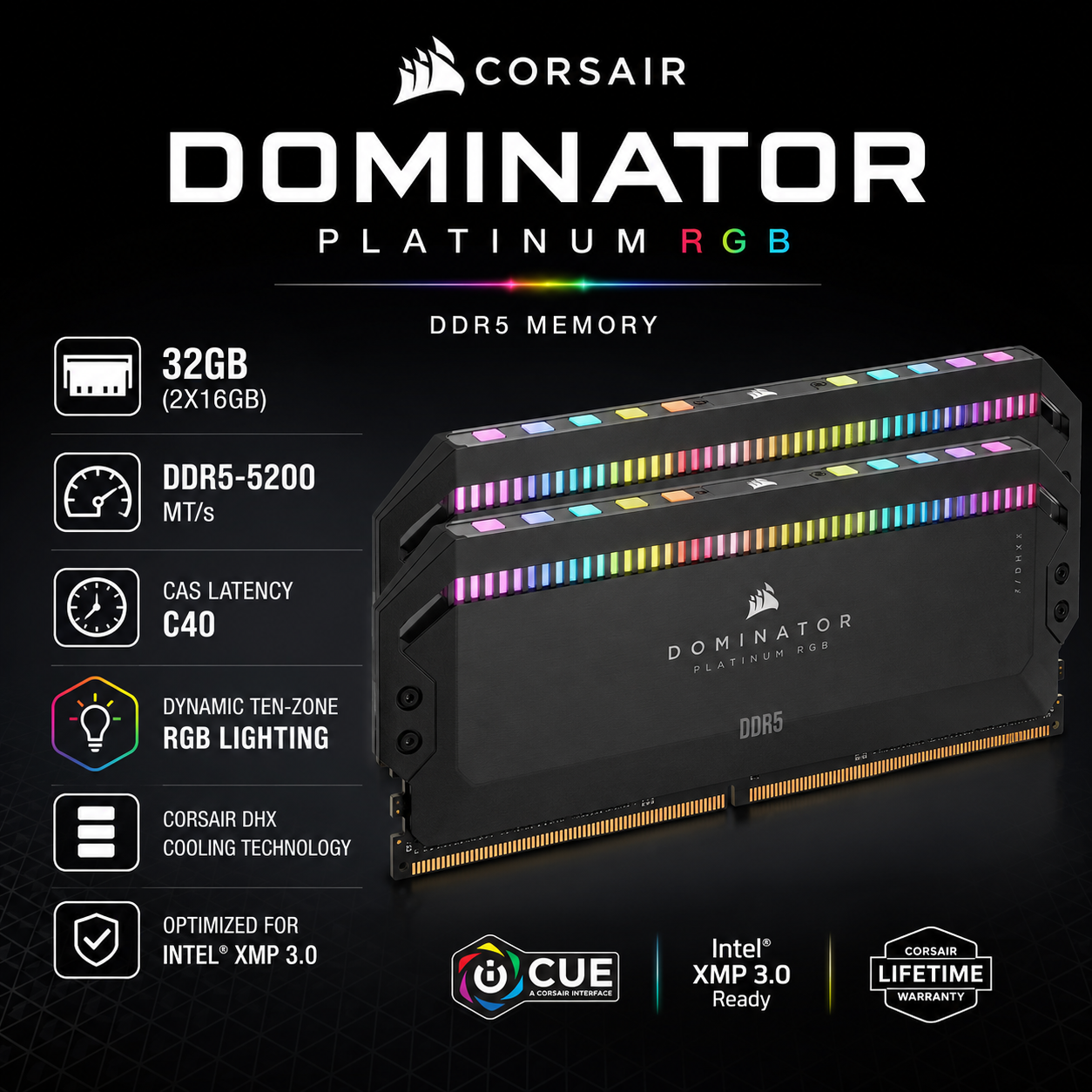 CORSAIR DOMINATOR PLATINUM RGB 32GB (2X16GB) DDR5-5200 C40 (CMT32GX4M2D3600C18W)