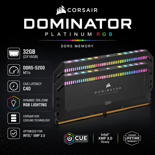 CORSAIR DOMINATOR PLATINUM RGB 32GB (2X16GB) DDR5-5200 C40 (CMT32GX4M2D3600C18W)