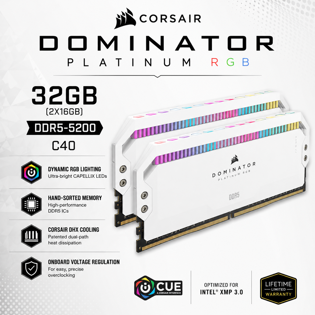 CORSAIR DOMINATOR PLATINUM RGB 32GB (2X16GB) DDR5-5200 C40 WHITE (CMT32GX5M2B5200C40)