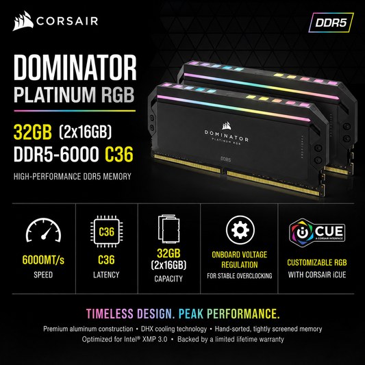 CORSAIR DOMINATOR PLATINUM RGB 32GB (2X16GB) DDR5-6000 C36 (CMT32GX5M2B5600C36W)