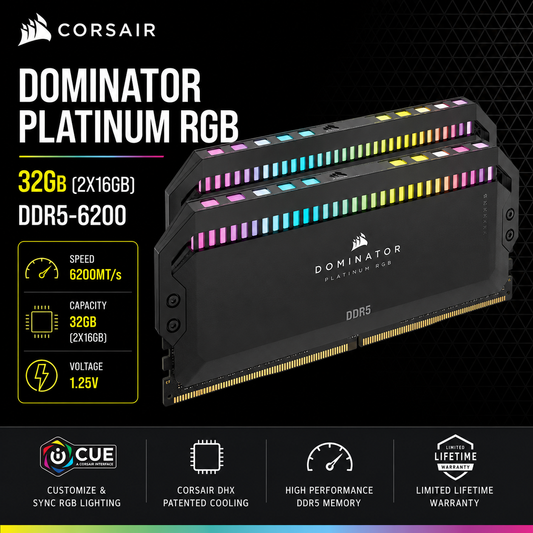CORSAIR DOMINATOR PLATINUM RGB 32GB(2X16GB) DDR5-6200 (CMT32GX5M2D6000Z36)