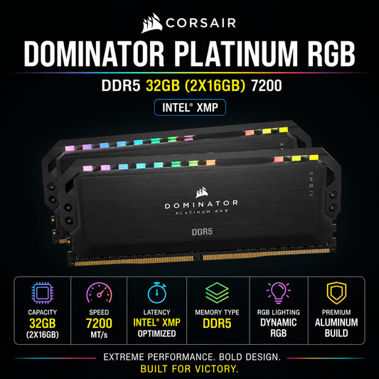 CORSAIR DOMINATOR PLATINUM RGB DDR5 32GB (2X16GB) 7200 INTEL XMP (CMT32GX5M2X6200C36)