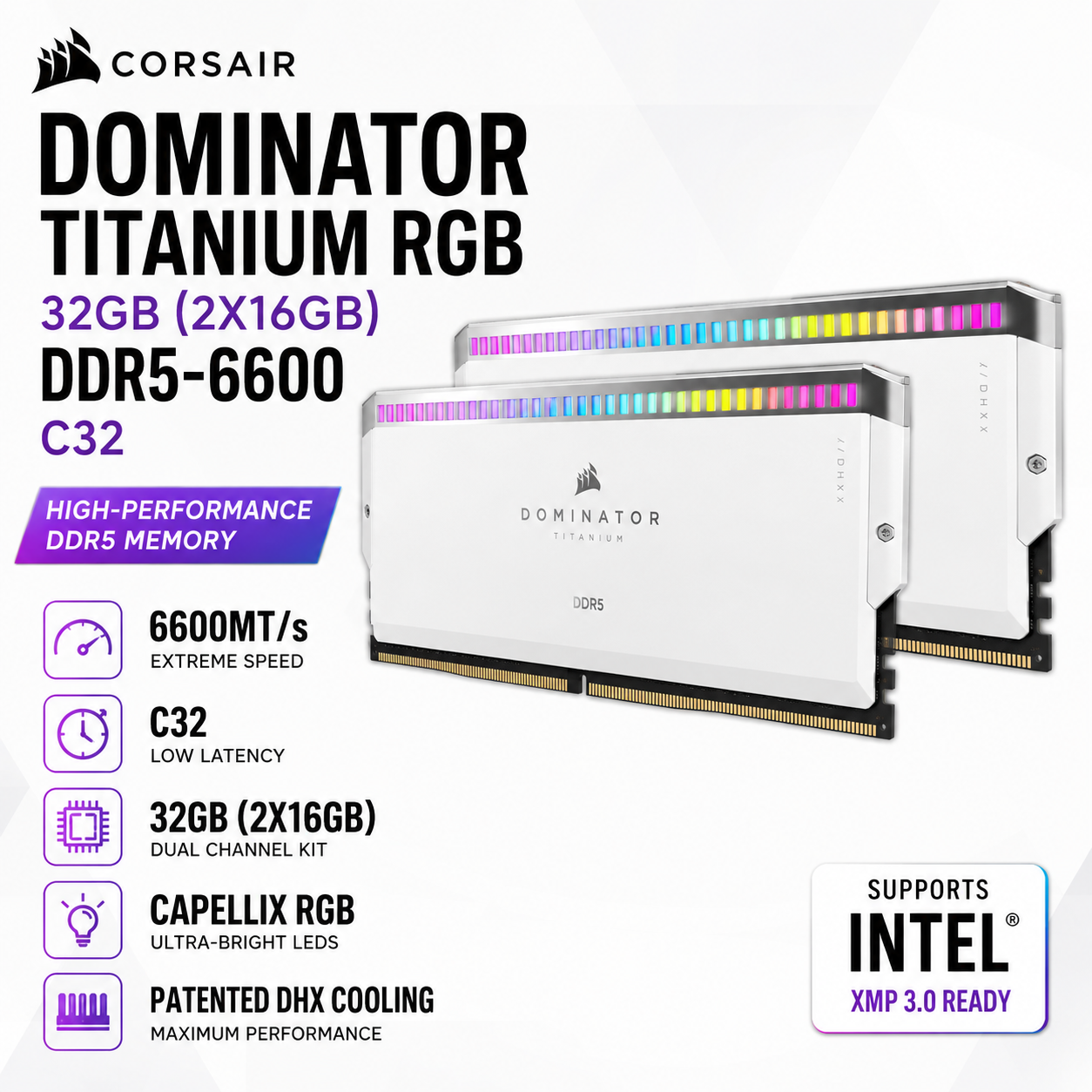 CORSAIR DOMINATOR TITANIUM RGB 32GB (2X16GB) DDR5-6600 C32 WHITE (CMP32GX5M2B6000C30)