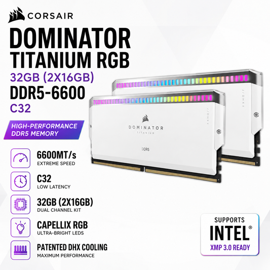 CORSAIR DOMINATOR TITANIUM RGB 32GB (2X16GB) DDR5-6600 C32 WHITE (CMP32GX5M2B6000C30)