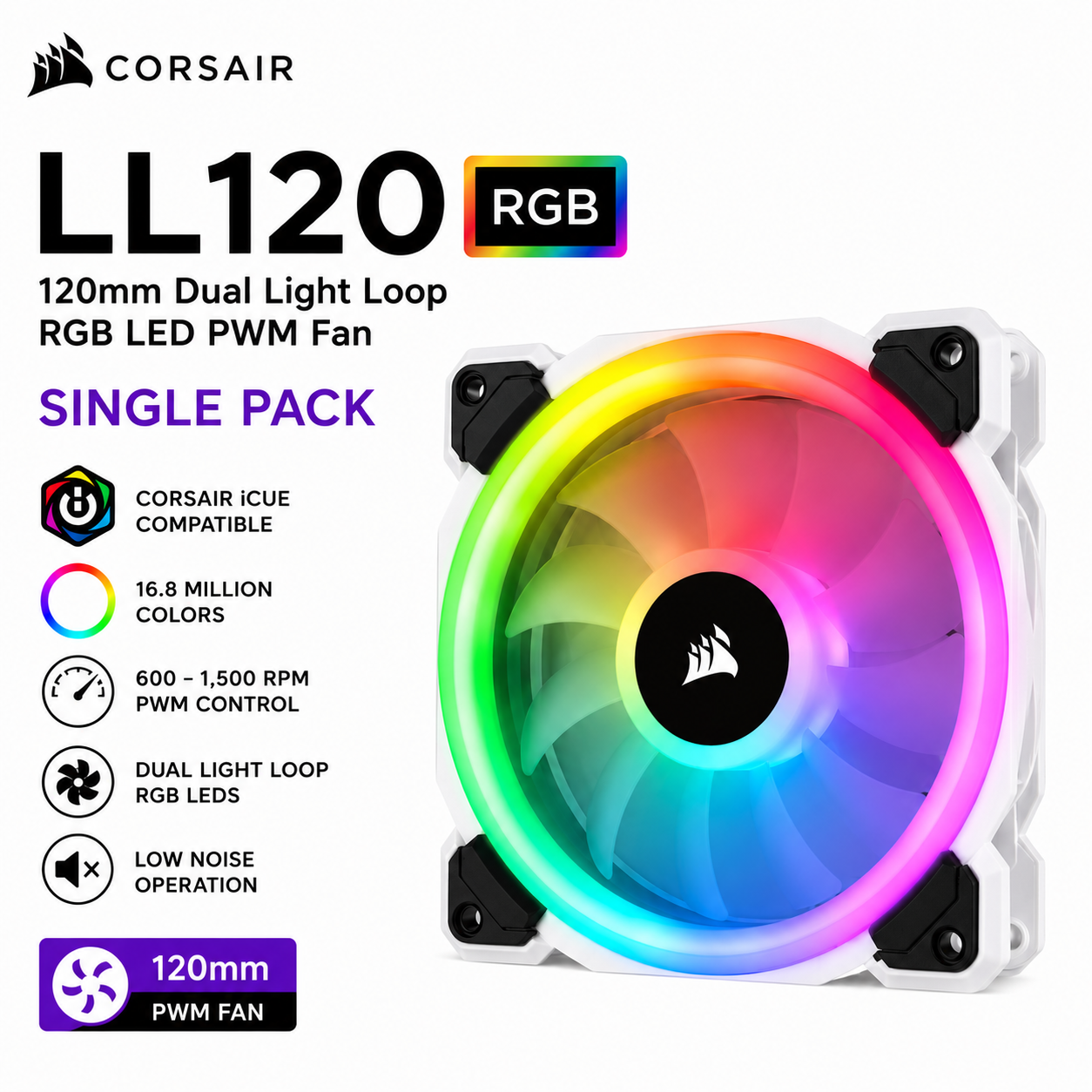 CORSAIR LL120 RGB 120MM DUAL LIGHT LOOP RGB LED PWM FAN - SINGLE PACK (CW-9060060-WW)