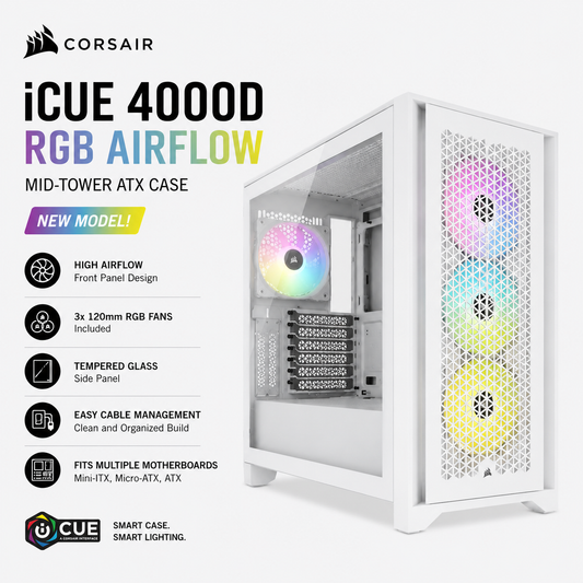 CORSAIR iCUE 4000D RGB AIRFLOW MID-TOWER TRUE WHITE NEW MODEL! (CA-9011265-AP)
