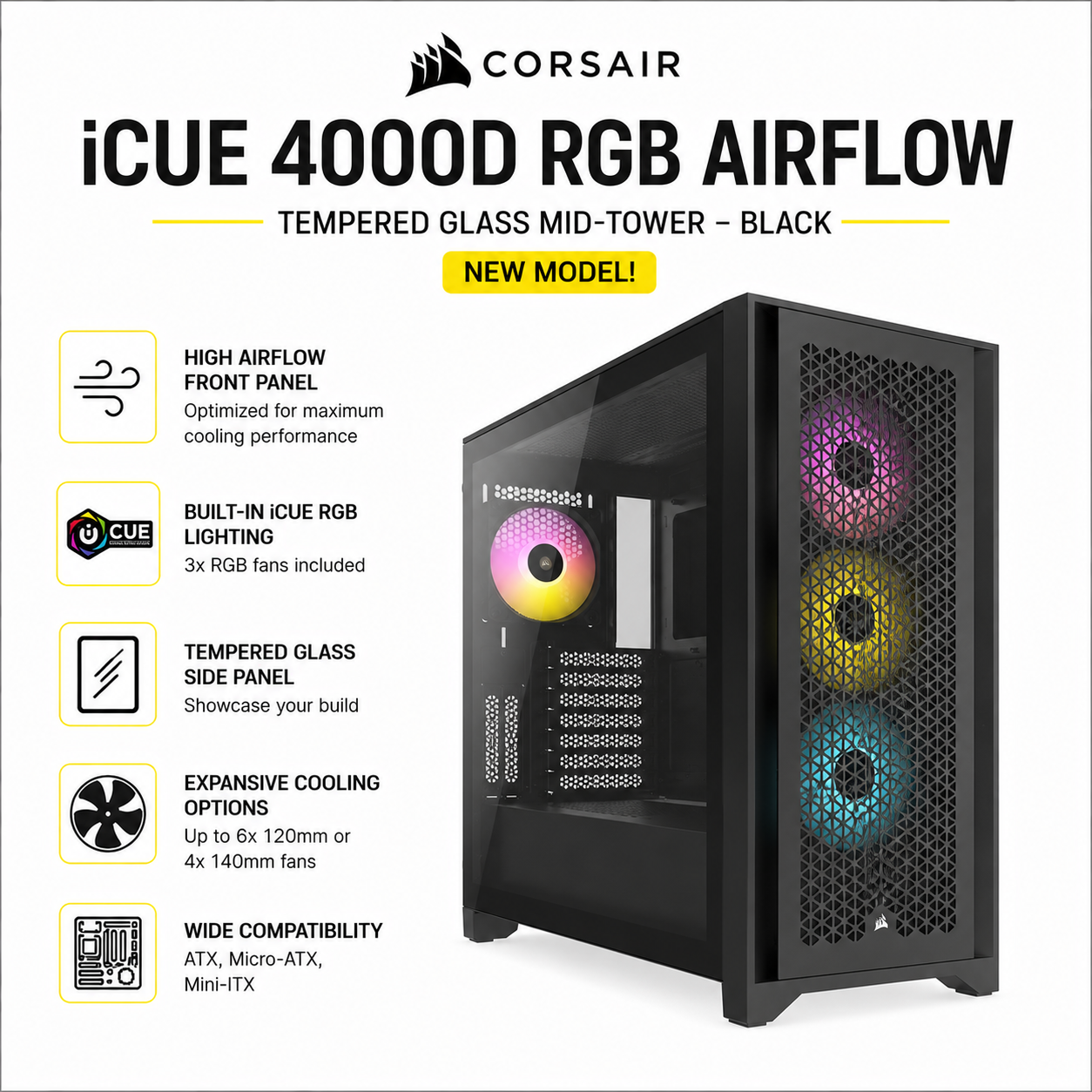 CORSAIR iCUE 4000D RGB AIRFLOW TEMPERED GLASS MID-TOWER BLACK NEW MODEL! (CC-9011241-WW)