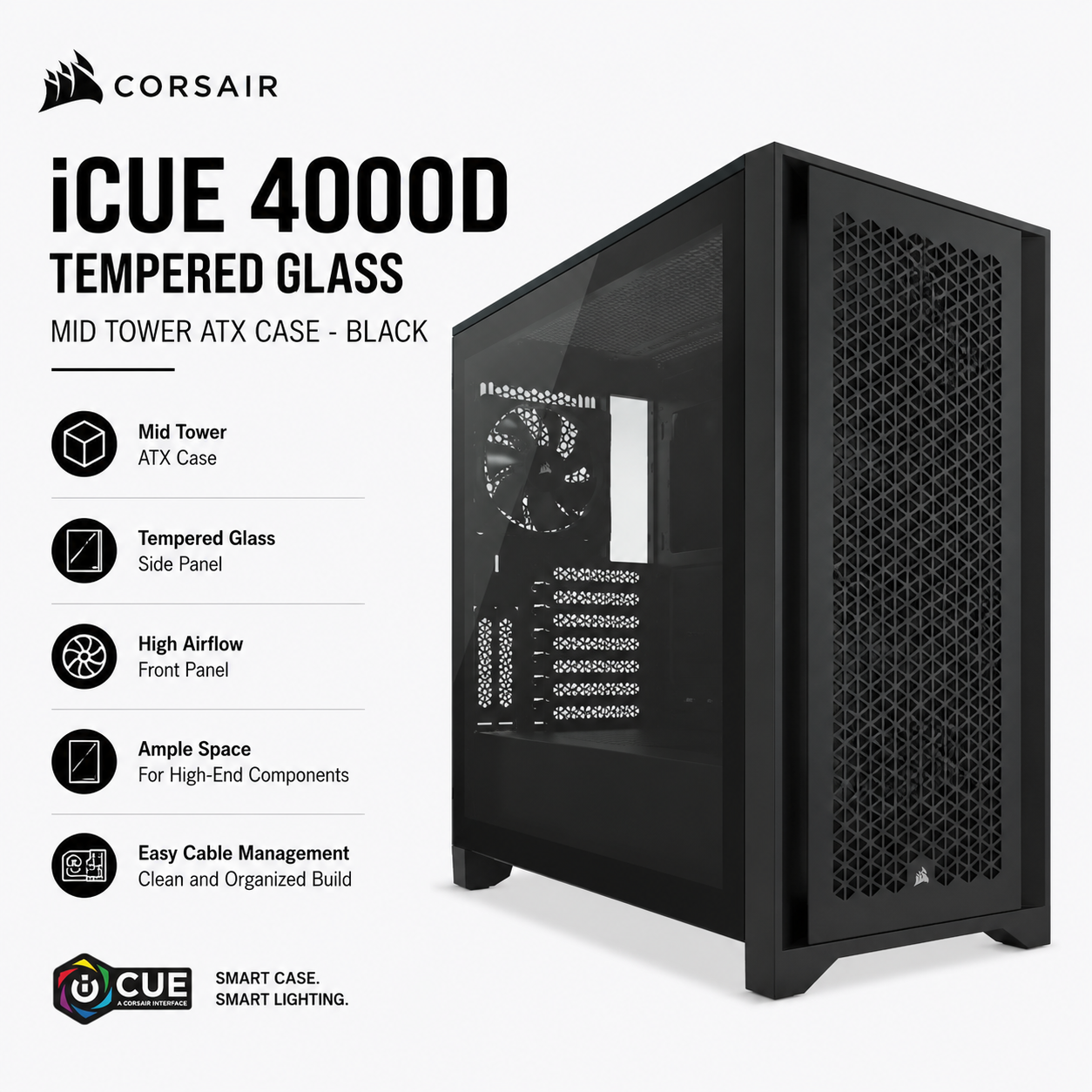CORSAIR iCUE 4000D TEMPERED GLASS MID TOWER ATX Case BLACK (CC-9011240-WW)